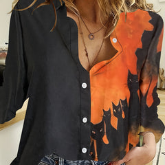  Colorblock Cat Print Long Sleeve Blouse