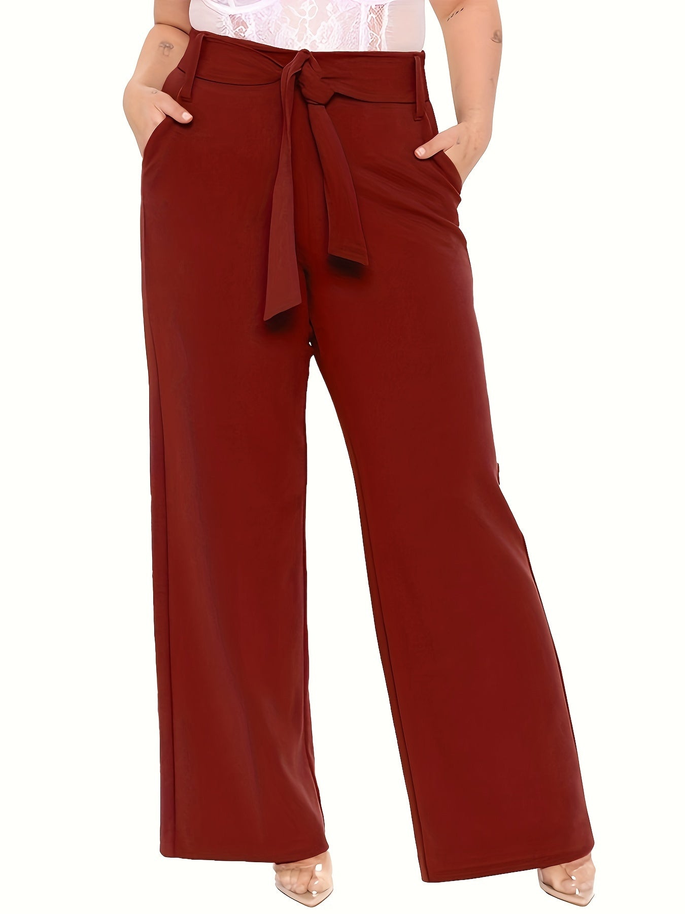 Women's Plus Solid Wide Leg Loose Trousers With Belt