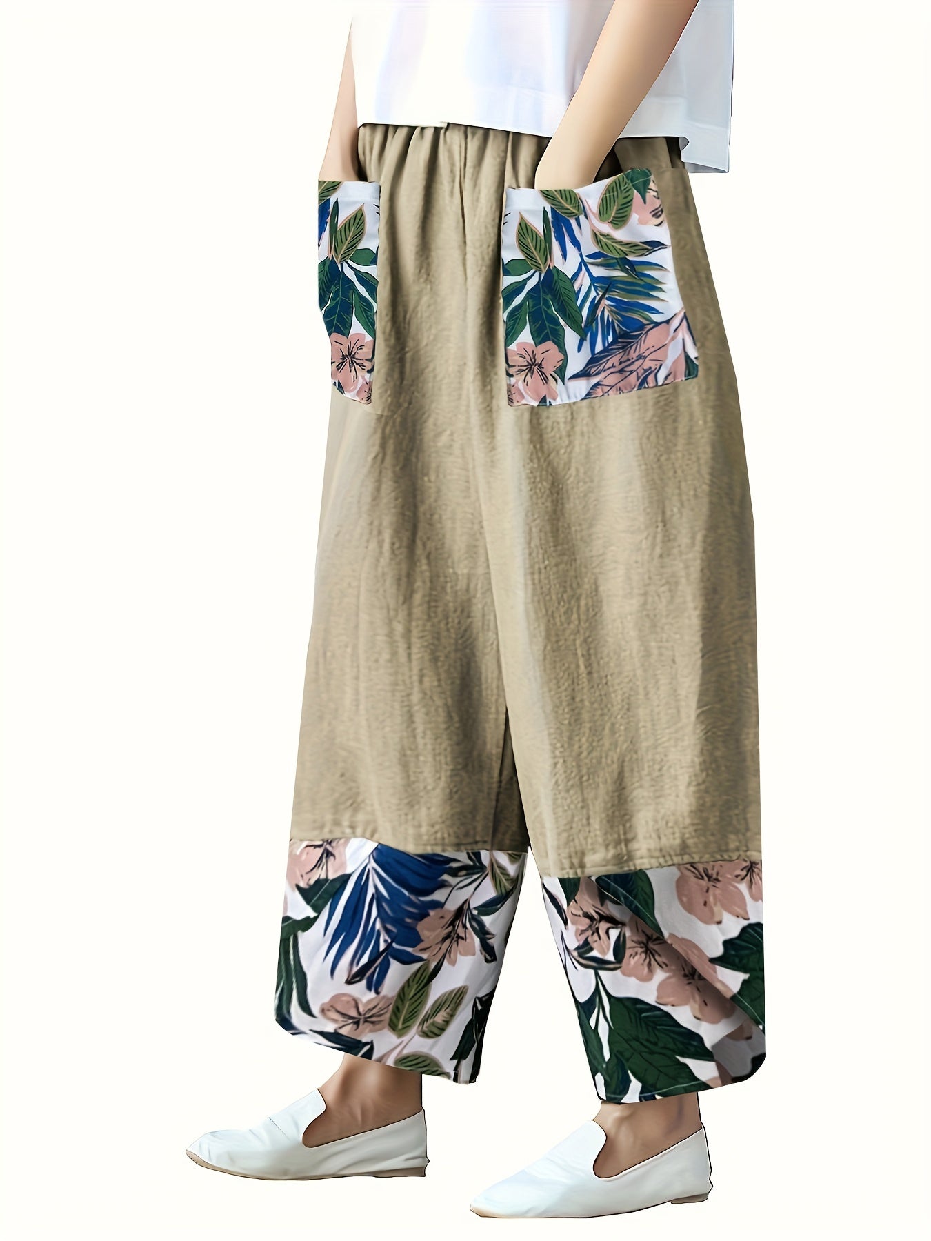  Colorblock Tropical Print Wide Leg Trousers