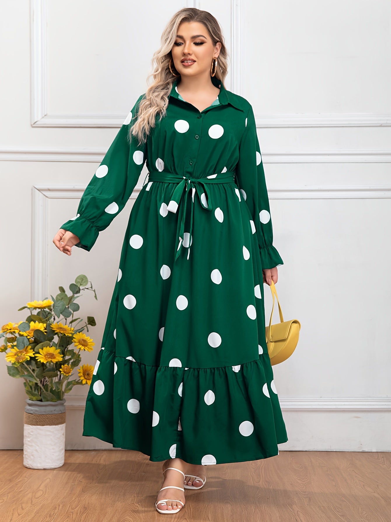  Dot Print Long Sleeve Maxi Shirt Dress