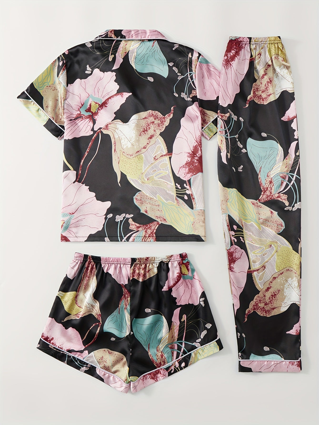 Floral Pajamas Set Short Sleeve Top & Shorts & Pants
