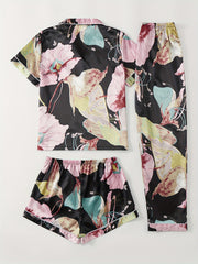 Floral Pajamas Set Short Sleeve Top & Shorts & Pants