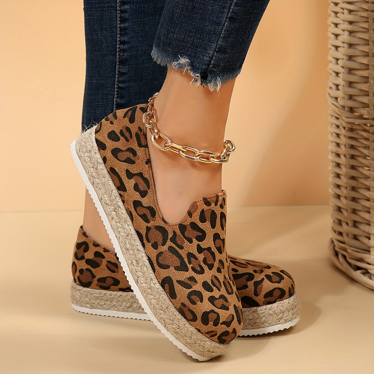 Leopard Print Platform Espadrille Loafers Soft Sole Slip On Shoes