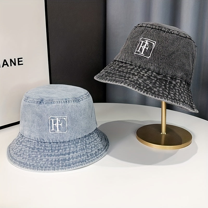 Embroidery Denim Bucket Hat Washed Distressed Vintage Basin Hat