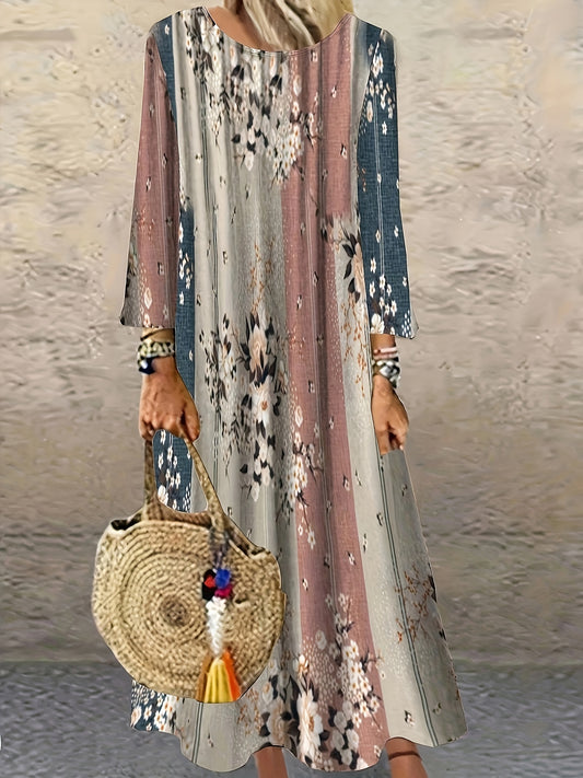  Boho Colorblock Floral Print Long Sleeve Maxi Dress