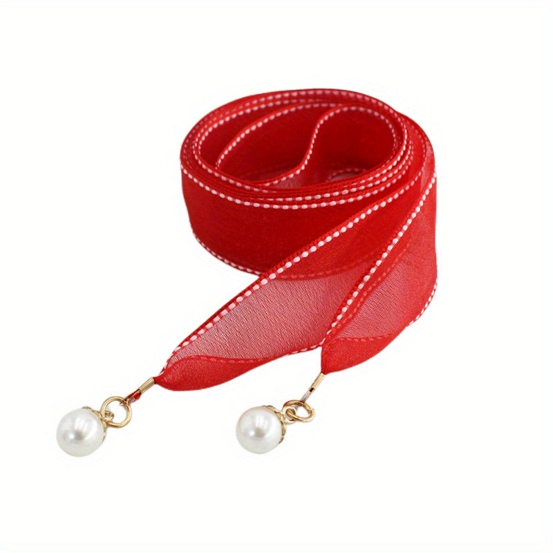 Faux Pearl Pendant Sash Belt Ribbon Bow Belts for Women
