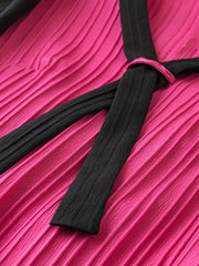  Colorblock Ribbed Lantern Sleeve Knee Length Dress