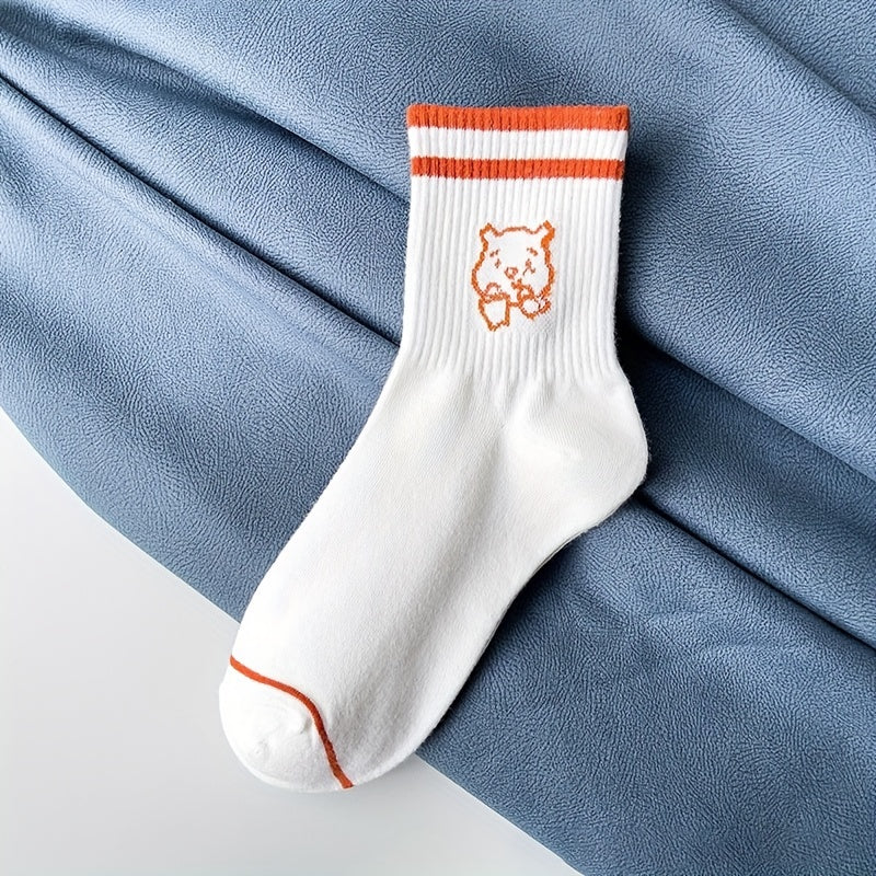 5 Pairs Cartoon Bear Print Socks & Striped Crew Socks Women's Stockings