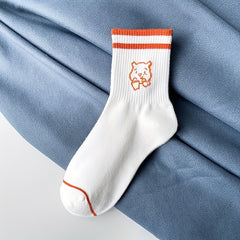 5 Pairs Cartoon Bear Print Socks & Striped Crew Socks Women's Stockings