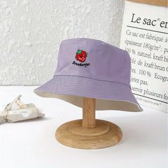 Strawberry Embroidery Bucket Hat Reversible Solid Basin Hat Sunscreen Travel