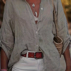  Solid Button Up Roll Up Sleeve Blouse