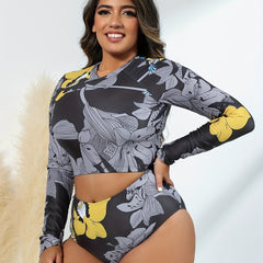  Sporty Bikini Set Women's Floral Print Long Sleeve Crop Top & Pan