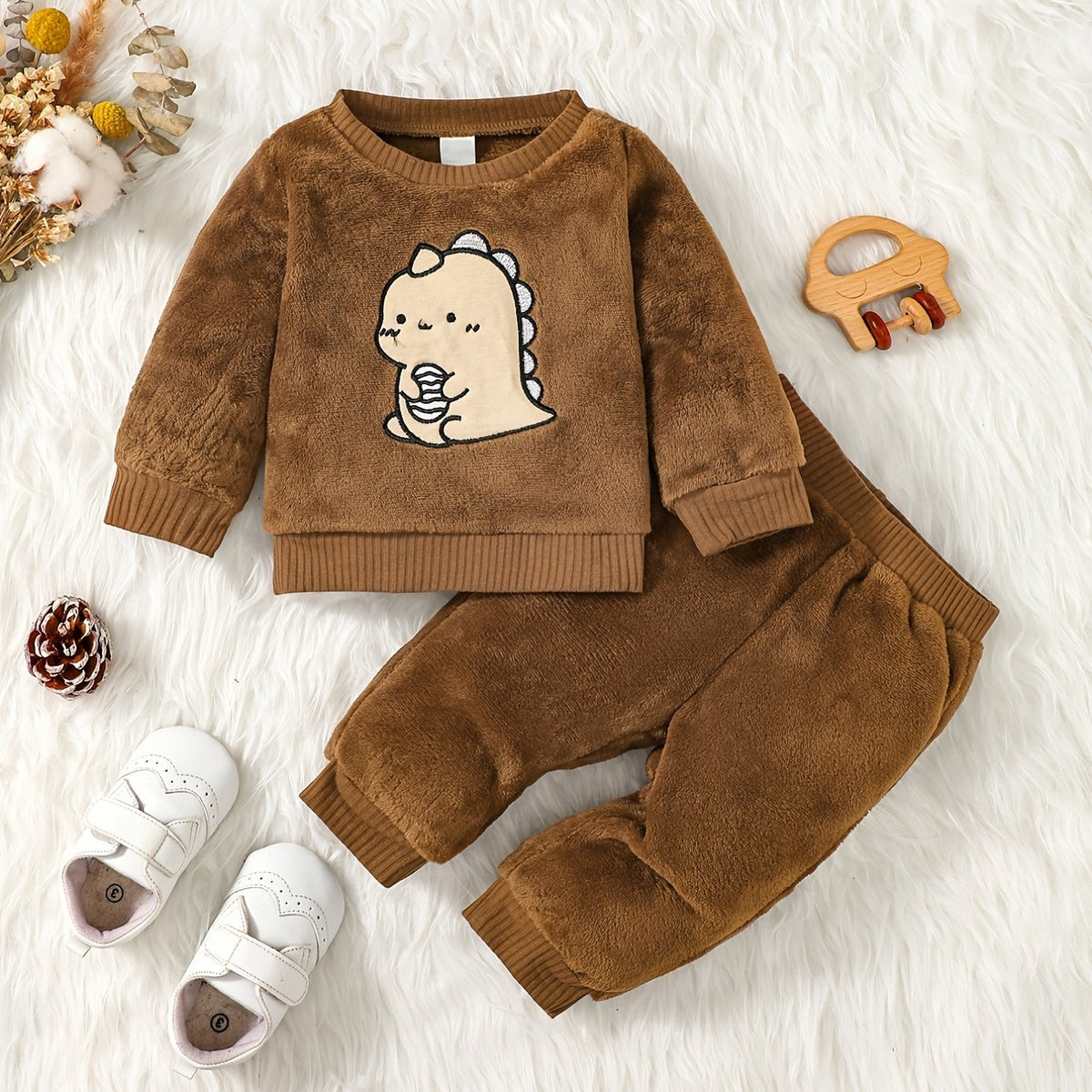 Toddler Boys Dinosaur Plush Pullover Top Pants Set