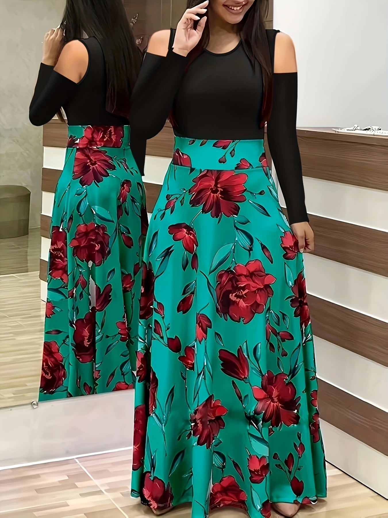  Colorblock Cold Shoulder Maxi Dress