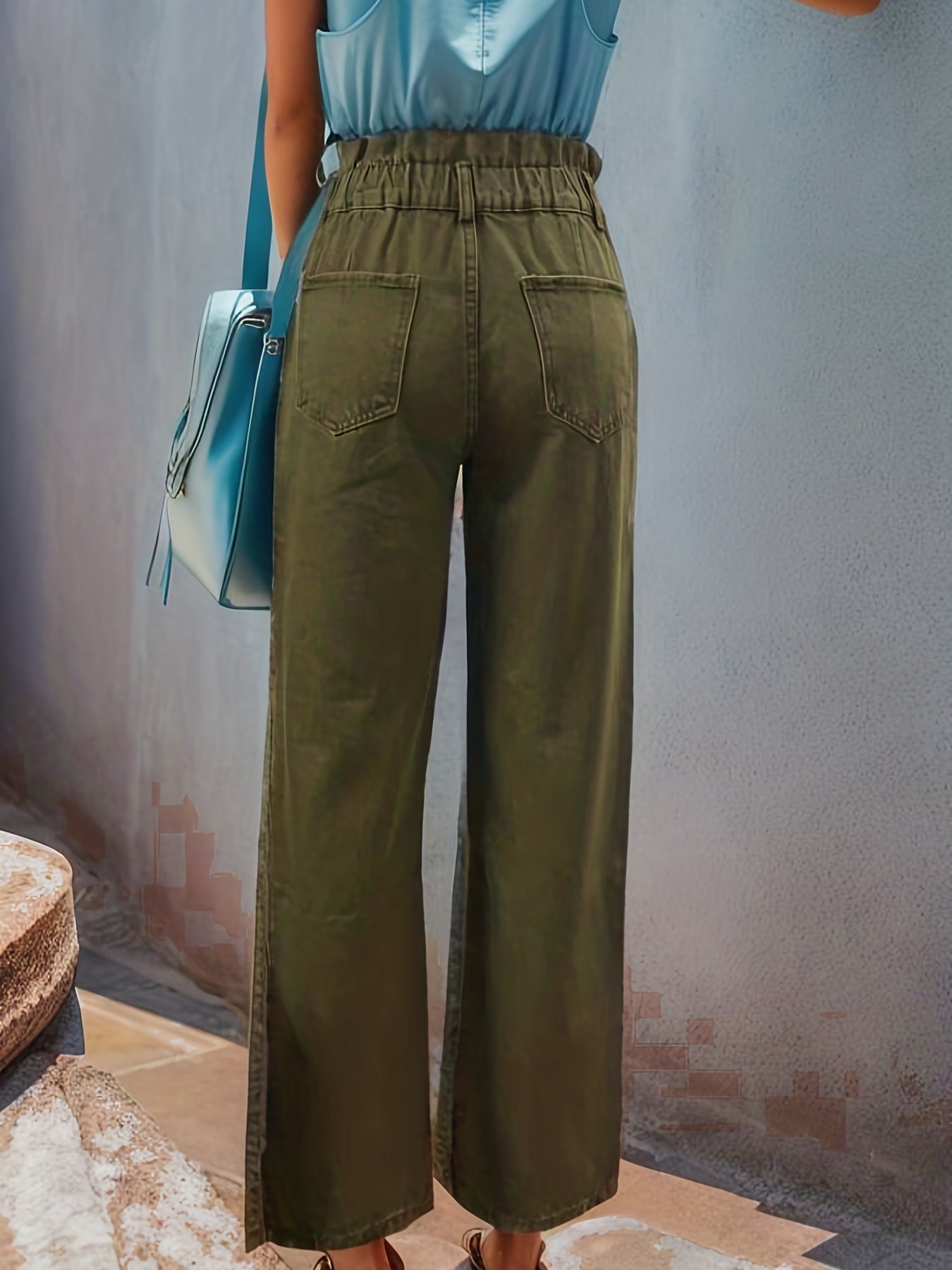 Green Paperbag Waist Straight Jeans High Waist Non Stretch Casual Denim Pants