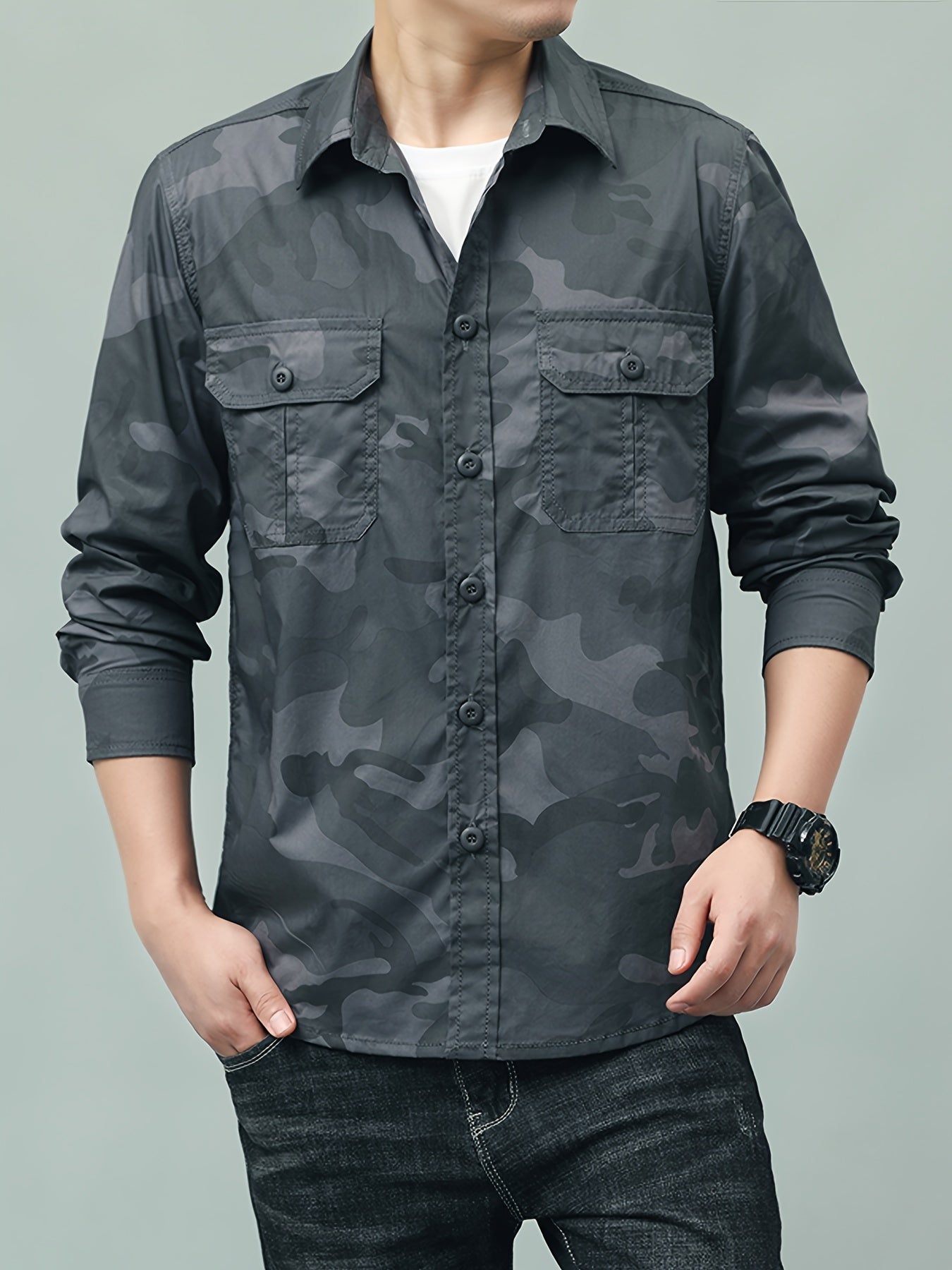 Camouflage Pattern Men's Breathable Long Sleeve Button Up Shirt