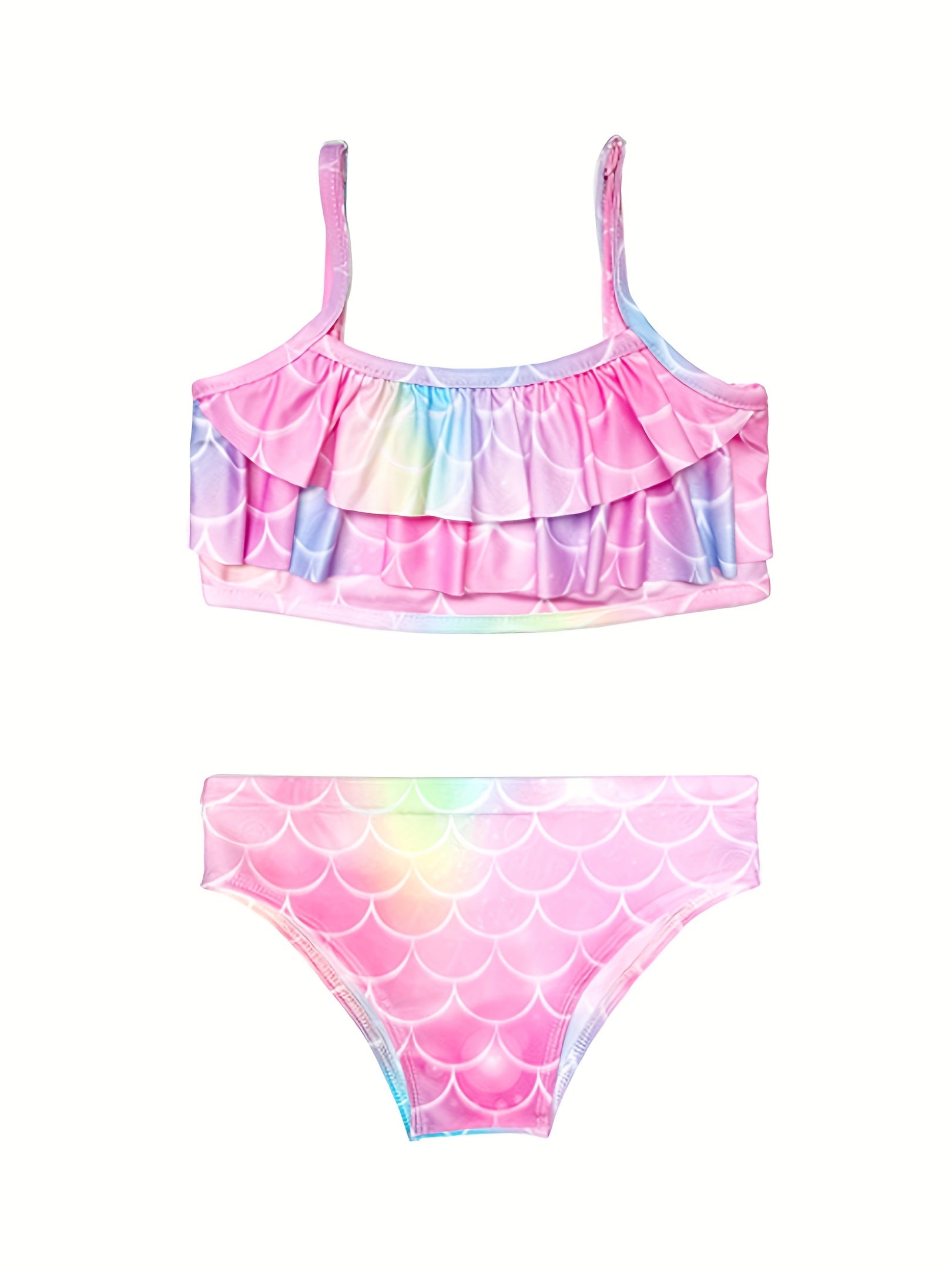 Girls Tie Dye Mermaid Bikini Set Ruffle Trim Cami Top & Shorts & Mermaid Tail