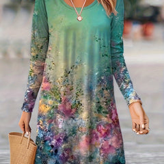  Floral Print Long Sleeve Round Neck Dress