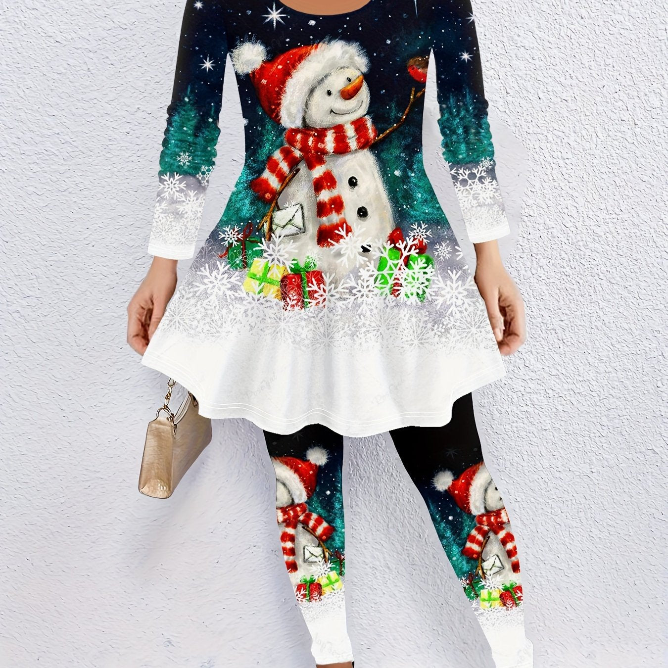  Christmas Outfits Set Snowman & Snowflake Print Top & Leggings 2 Piece