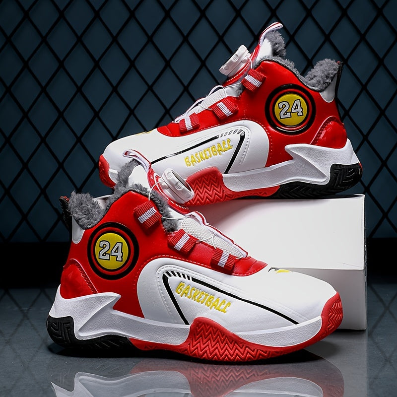Kid's Basketball Shoes with Rotating Buckle and Plush Lining