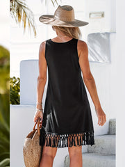 Women's Plus Solid Round Neck Fringe Trim Tank Dress