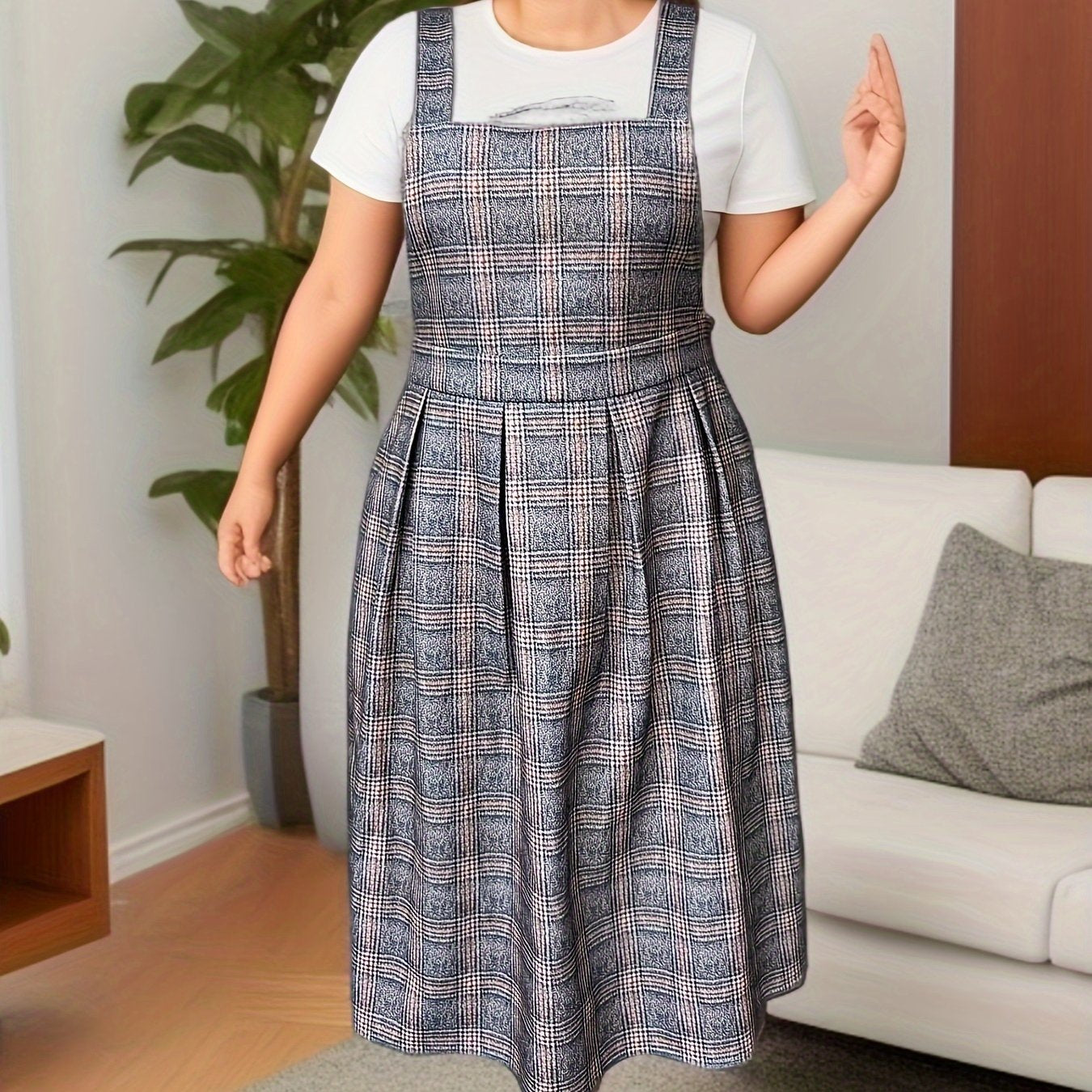  Plaid Print Maxi Overall Dress