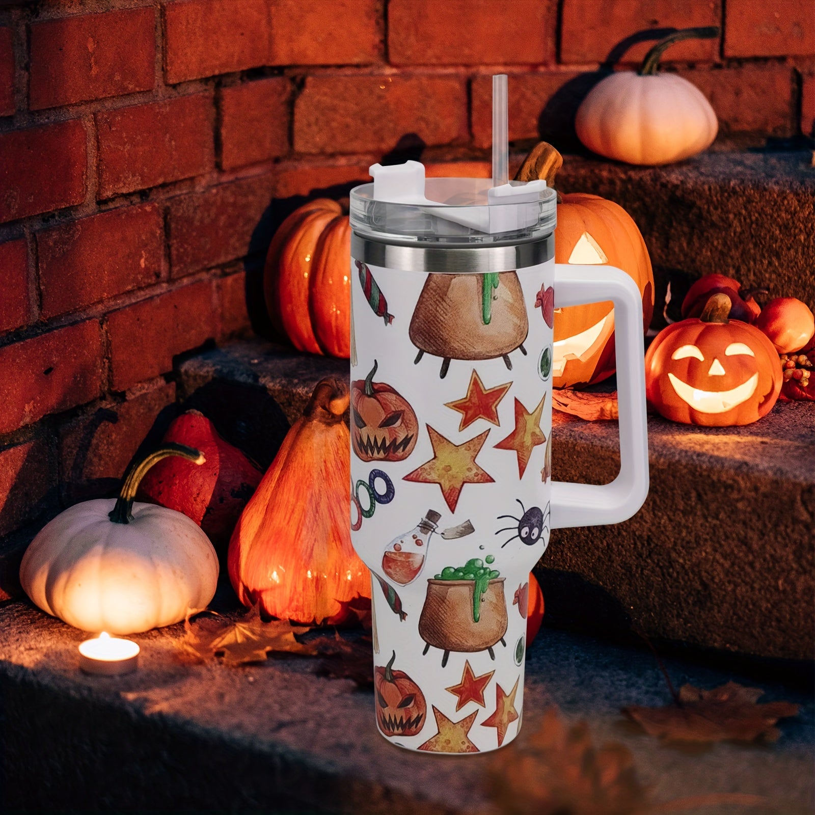 Halloween Pumpkin Print Tumbler 40oz Car Cup with Straw & Handle