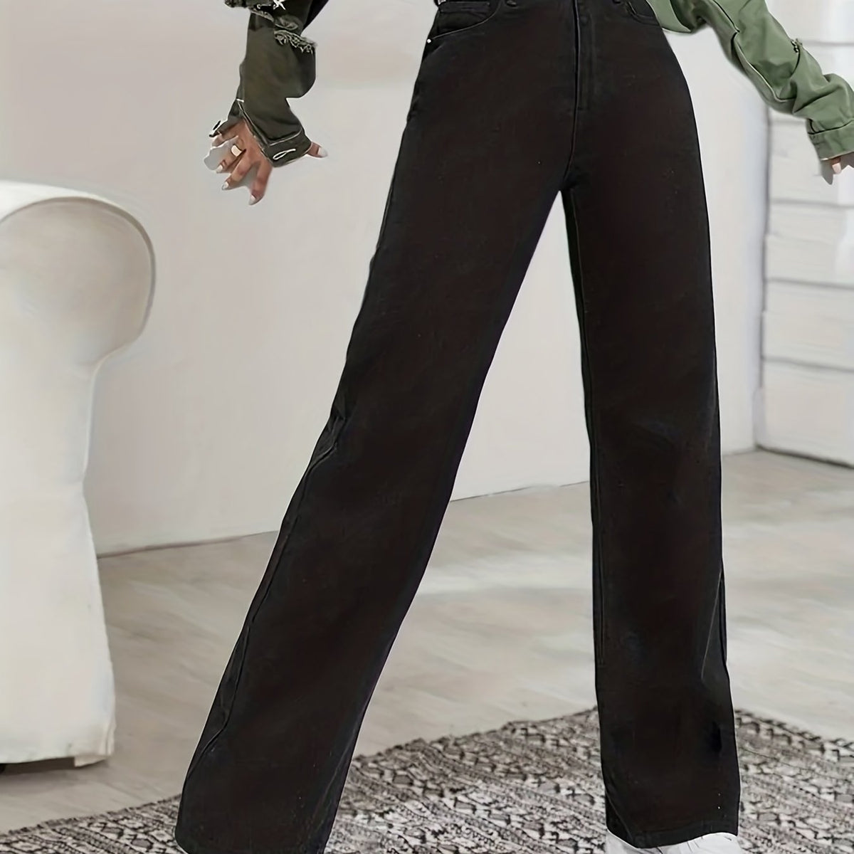 Baggy Straight Jeans Mid Waist Non Stretch Denim Pants Women's Clothing