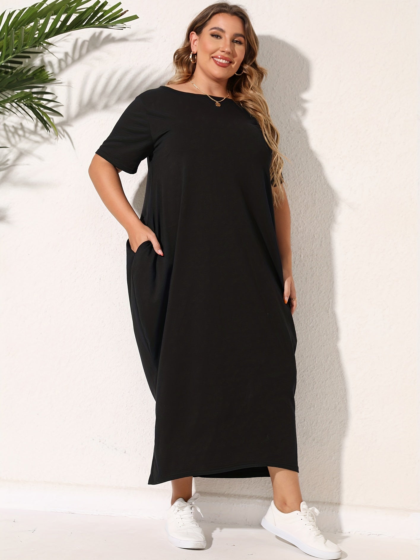  Solid Short Sleeve Maxi Dress With Pockets
