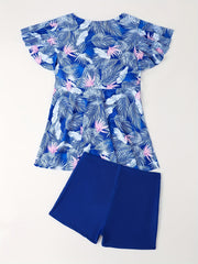  Boho Tankini Set Tropical Print Ruffle Sleeve V Neck Lace Top & Shorts
