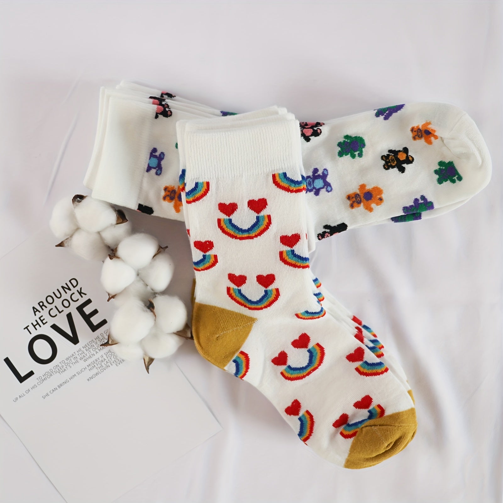 Rainbow & Bear Print Socks Mid Tube Women's Stockings