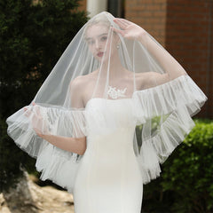 Sheer Ruffled Mesh Bridal Veil with Face Veil Long Flowing Wedding Veil