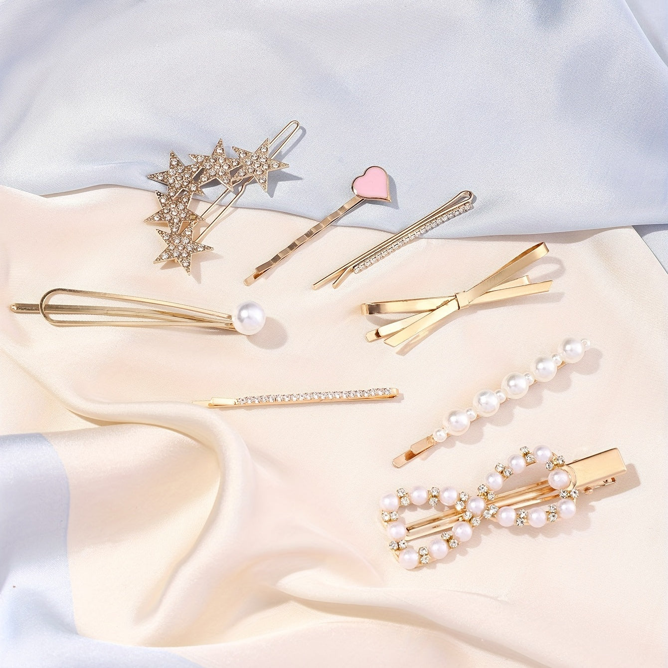 8pcs Hair Pin Metal Clip Pearl Rhinestone Decor Hairpin Bow Shape Women Girls