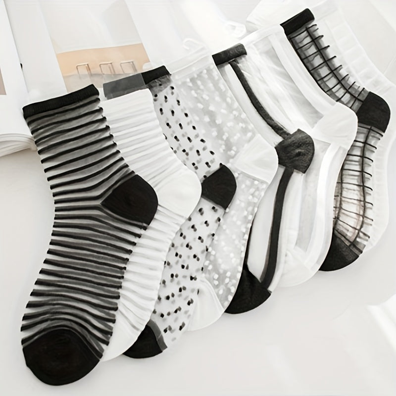 3 Pairs Polka Dot & Striped Sheer Mesh Mid Tube Socks Women's Stockings