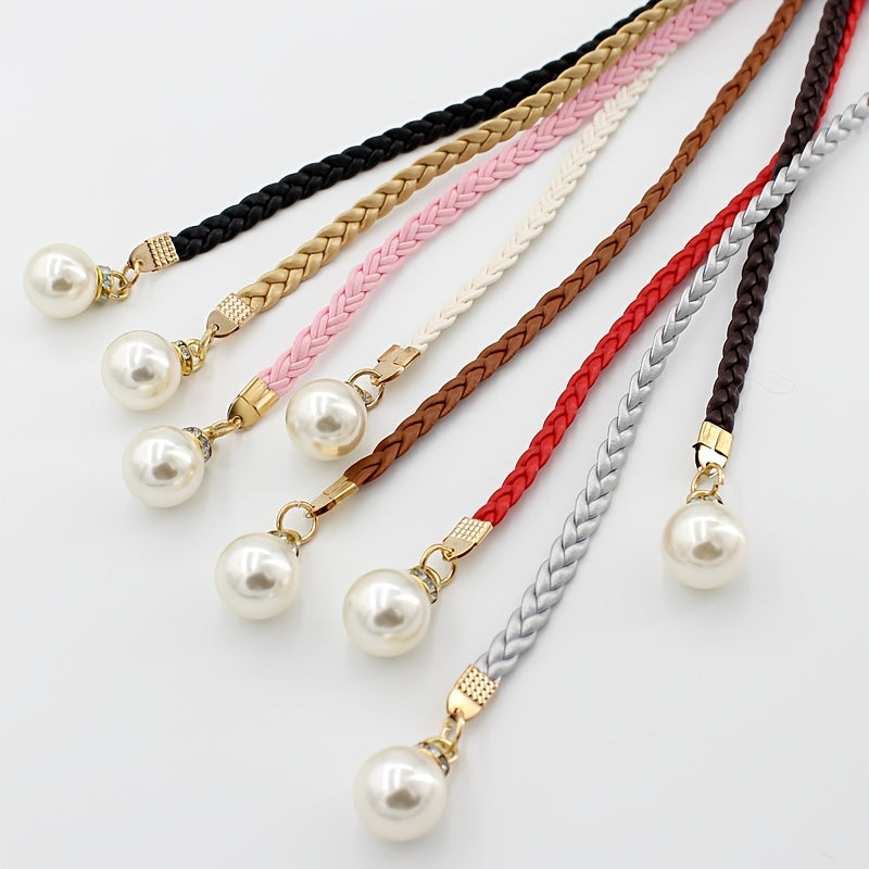 Braided Thin Belt Women's Decor Waist Rope Sweet Dress Tie With Pearl