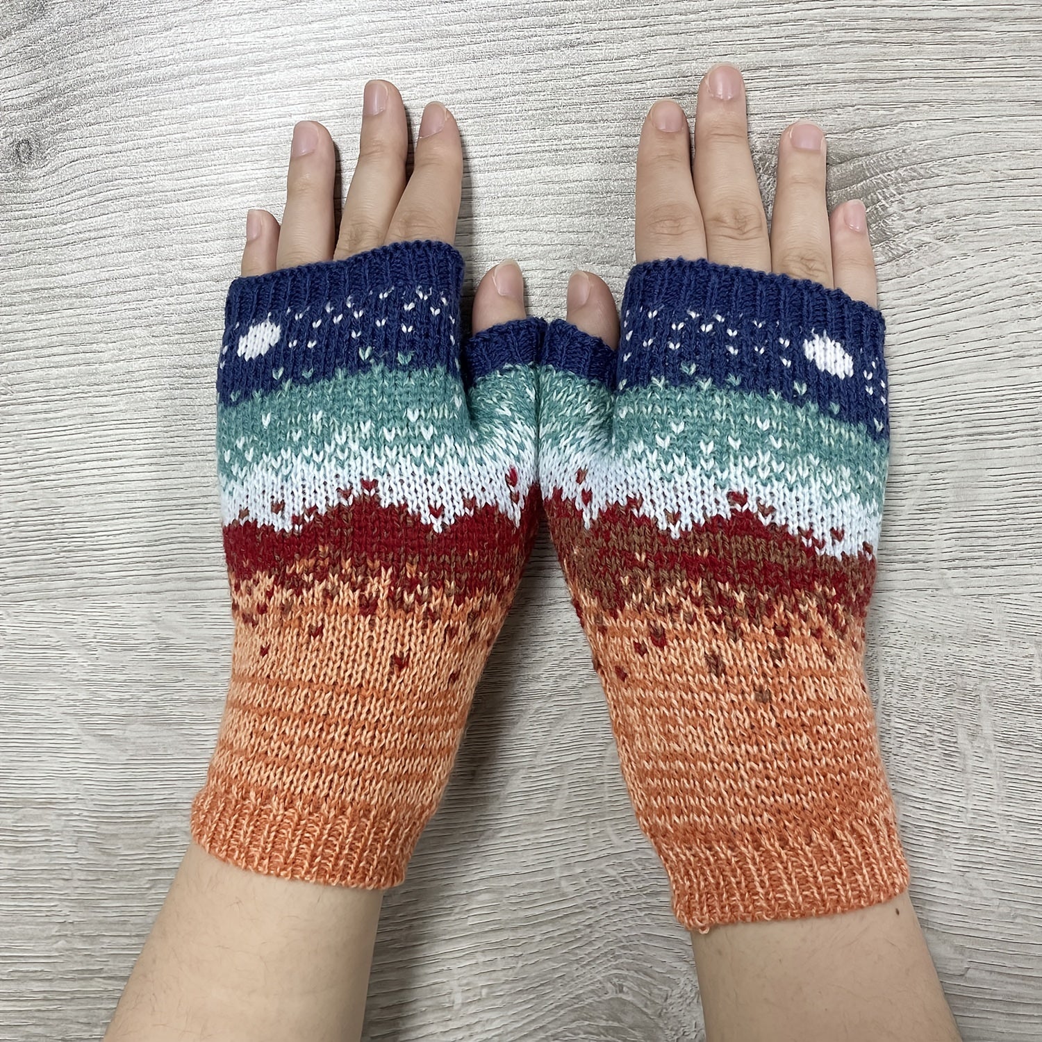 Gradient Knit Gloves Moon Jacquard Half Finger Warm Gloves For Women
