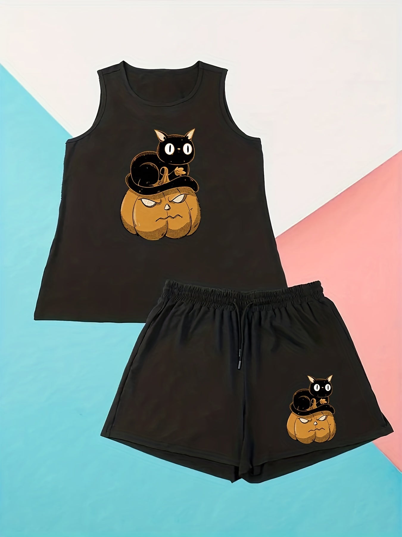  Halloween Loungewear Set Ghost Pumpkin Skull Print Tank