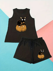  Halloween Loungewear Set Ghost Pumpkin Skull Print Tank