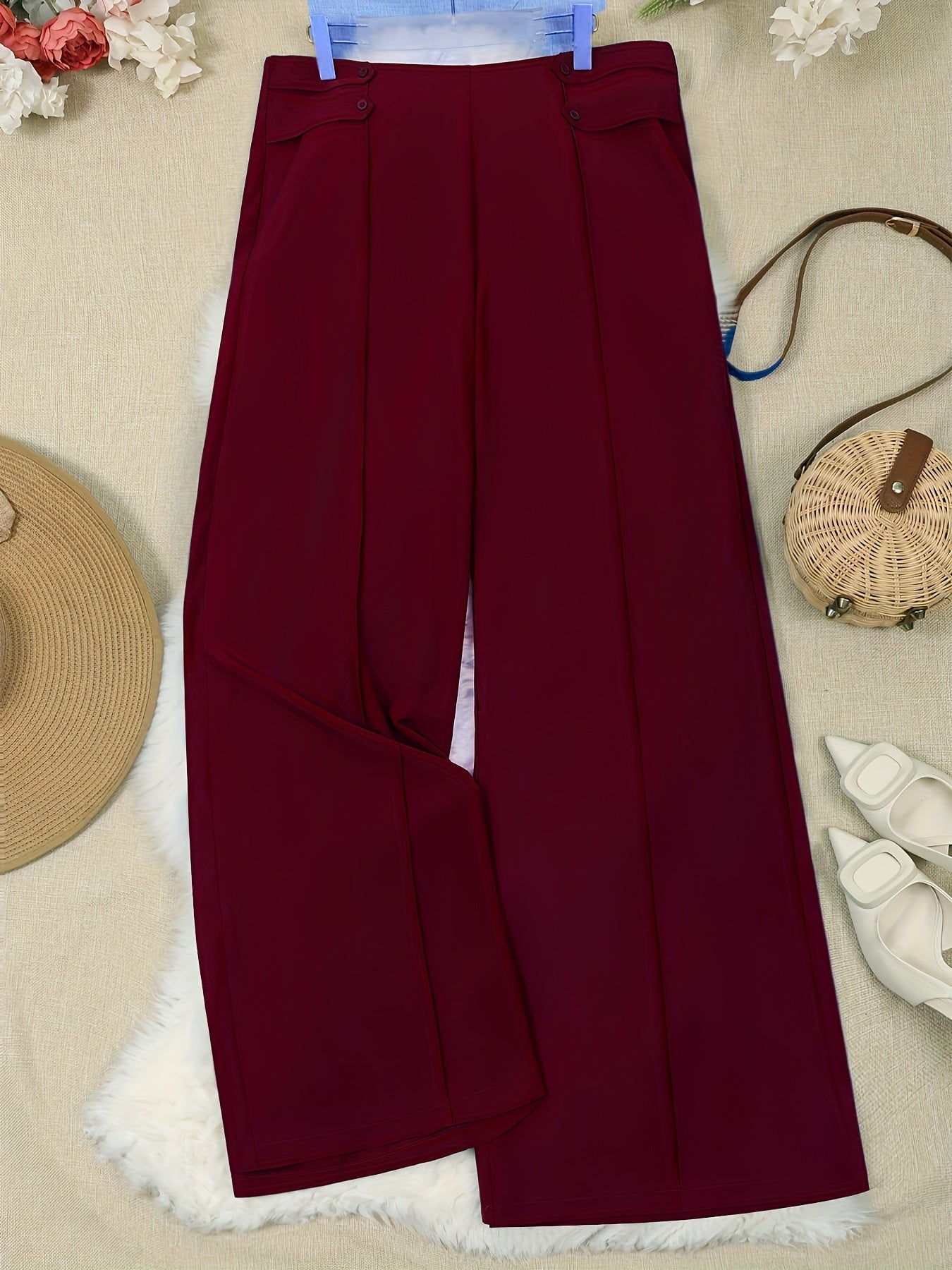  Women's Wide Leg Trousers Button Detail High Rise Solid Stitching
