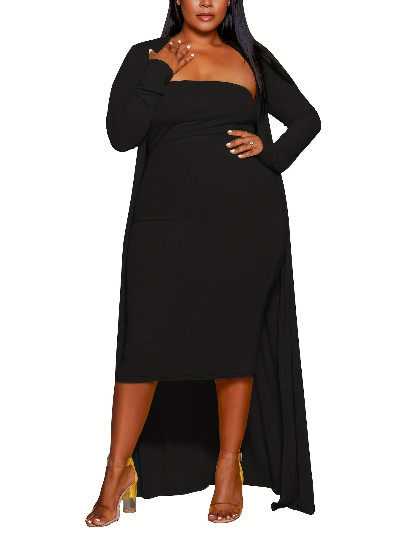  Sexy Outfits Set Solid Bodycon Tube Dress & Long Sleeve Cardigan Set