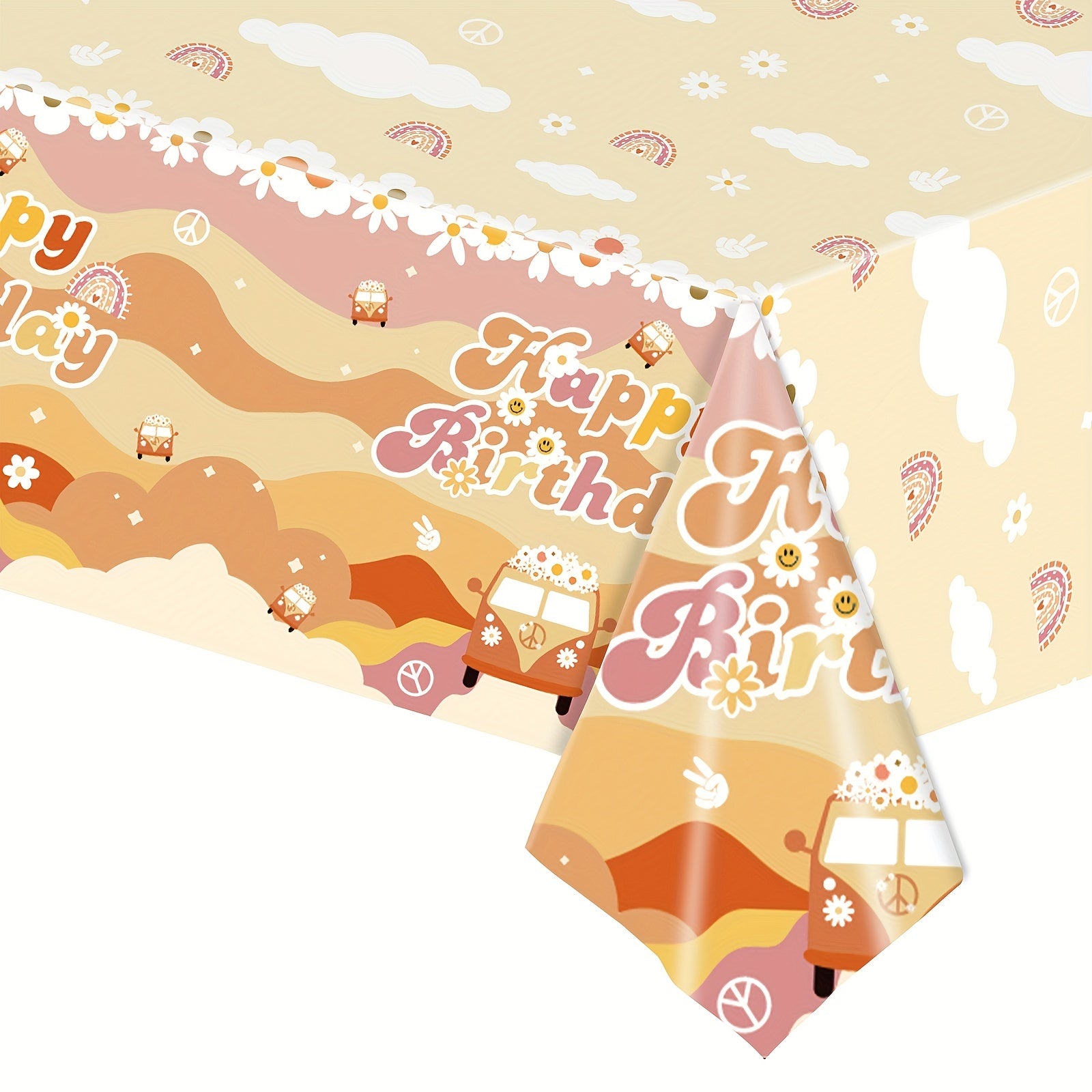 Rainbow Birthday Party Tablecloth, Disposable Hippie Bus Decoration