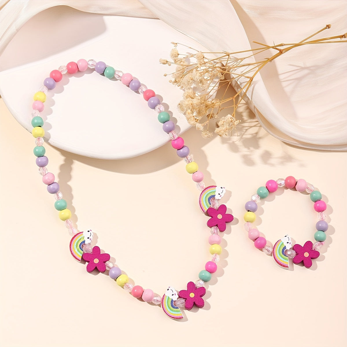 Cartoon Butterfly Flower Rainbow Beaded Necklace Bracelet Set for Girls