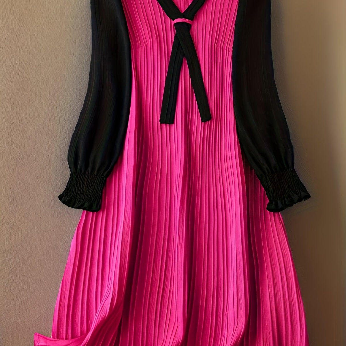  Colorblock Ribbed Lantern Sleeve Knee Length Dress