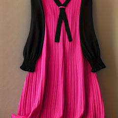 Colorblock Ribbed Lantern Sleeve Knee Length Dress