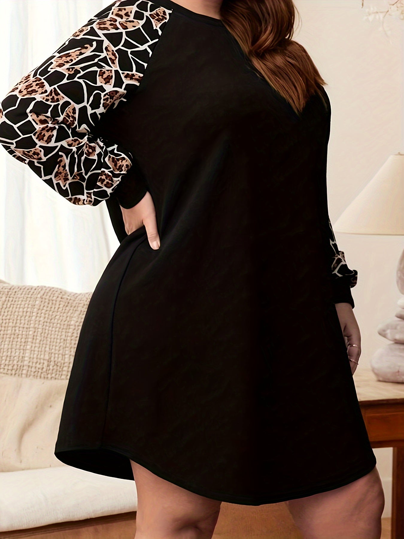  Colorblock Leopard Print Lantern Sleeve Dress