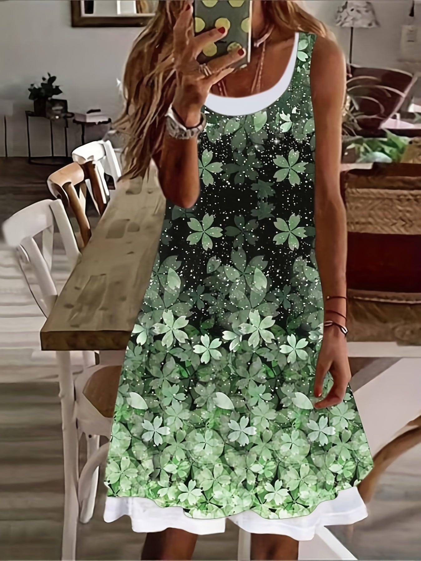  Colorblock Floral Print Round Neck Tank Dress
