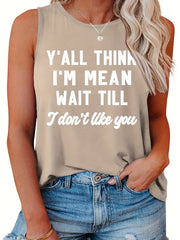 Plus Size Slogan Print Tank Top Round Neck Stretchy Casual Sleeveless Tee