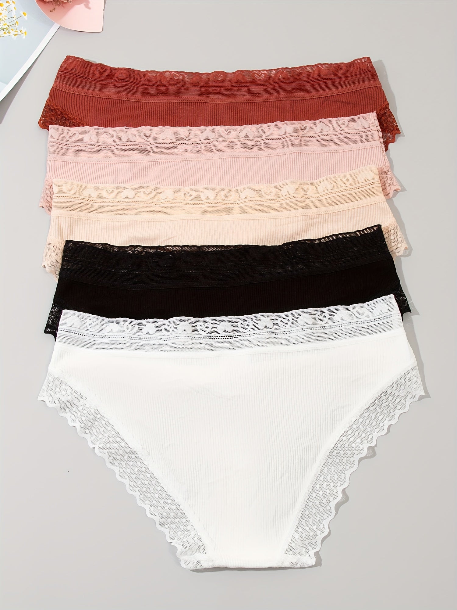 5pcs Lace Trim Ribbed Briefs Stretchy Panties Women's Lingerie