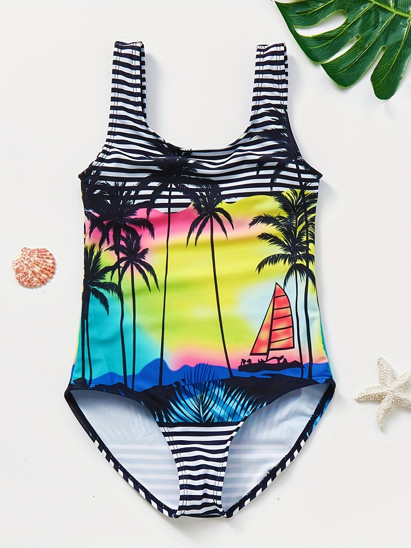 Girls Swimsuit One Piece Tankini Coconut Tree Landscape Print Quick Dry