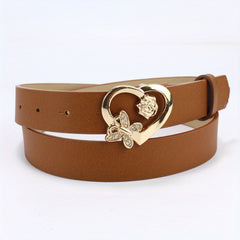 Rose Butterfly Heart Buckle Belt Classic Solid PU Leather Belt For Women